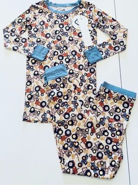 Blue Trim Cream Tractor Kids Matching Bamboo Set